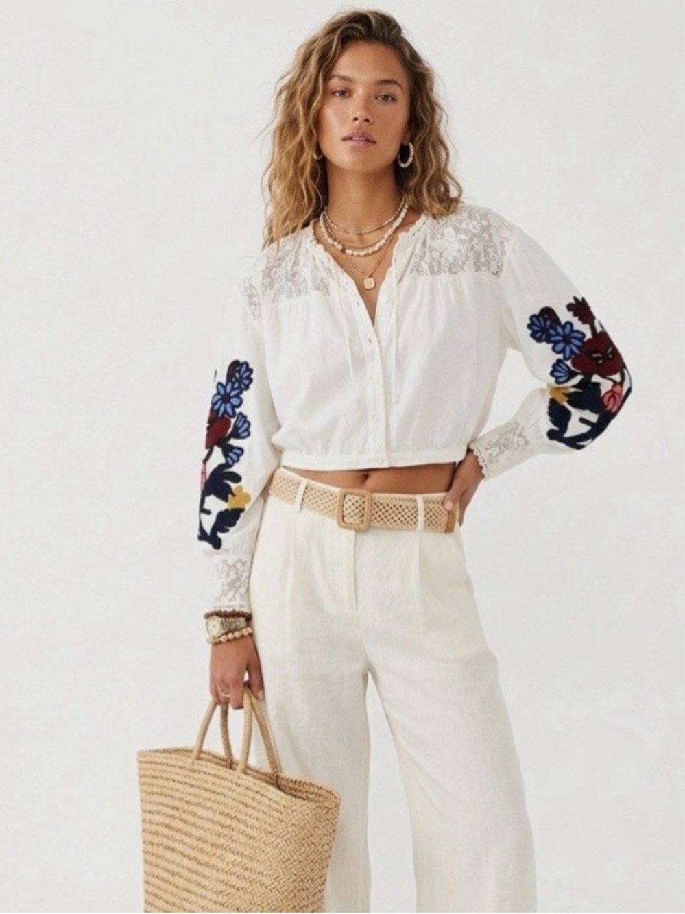 Free People Meadows XS Embroidered Flowy Peasant Cropped Boho Festival Top